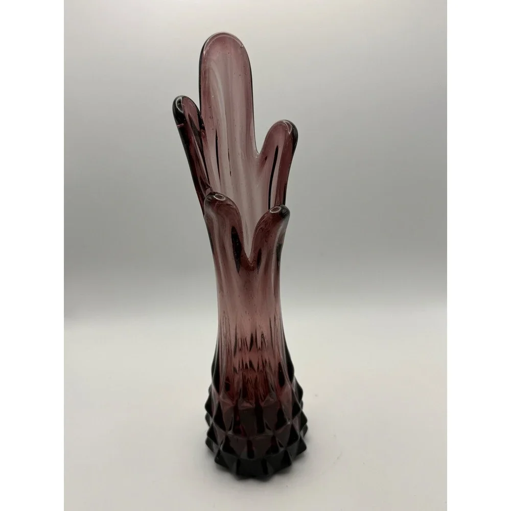 Vtg Amethyst Purple Swung Glass Five Finger Vase Mid Century Modern Diamond Base
